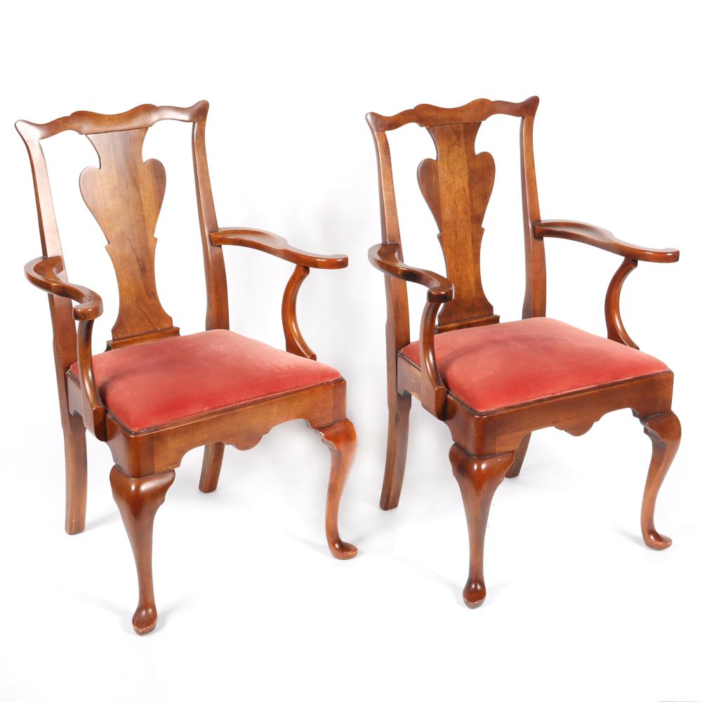 Appraisal: PAIR ANTIQUE CHERRY WOOD QUEEN ANNE CHIPPENDALE ARM CHAIRS H