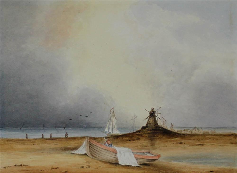 Appraisal: J DAMANT SEASHORE WITH BOATS AND WINDMILL Watercolor on paper