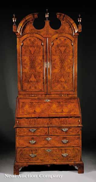 Appraisal: A Fine Antique Georgian-Style Inlaid and Burled Walnut Bureau Bookcase