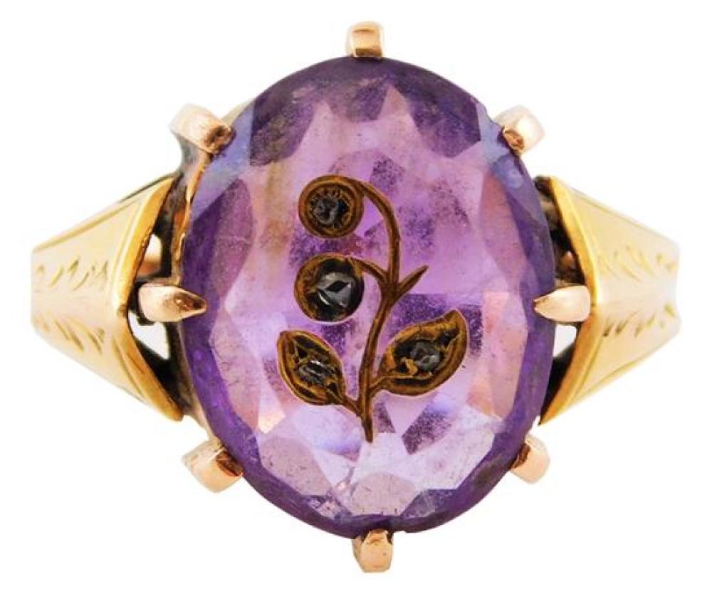 Appraisal: JEWELRY K gold diamond and inlaid amethyst ring mounting tested