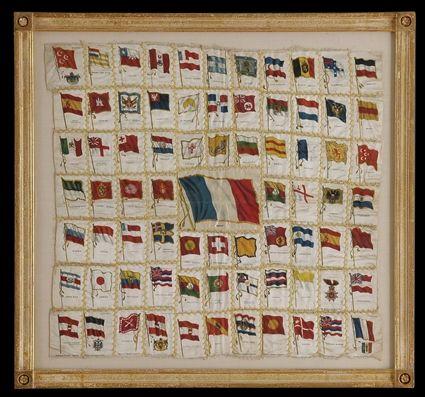 Appraisal: AMERICAN STICHED AND PRINTED SILK PANEL NATIONAL FLAGS Some inscribed