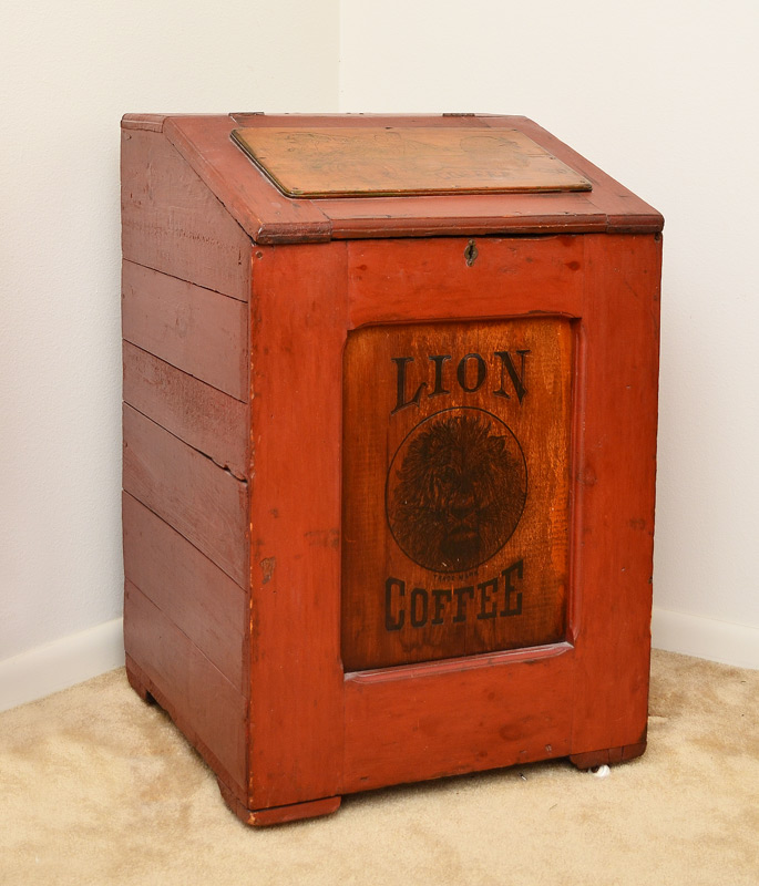 Appraisal: WOOLSON SPICE LION COFFEE ADVERTISING BIN Red painted bin slant