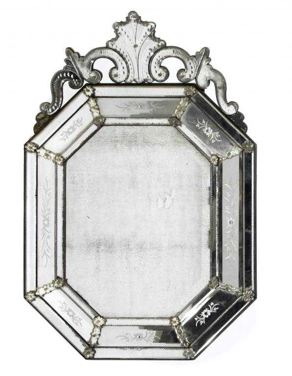 Appraisal: A VENETIAN MIRROR with shell and scroll cresting the octagonal