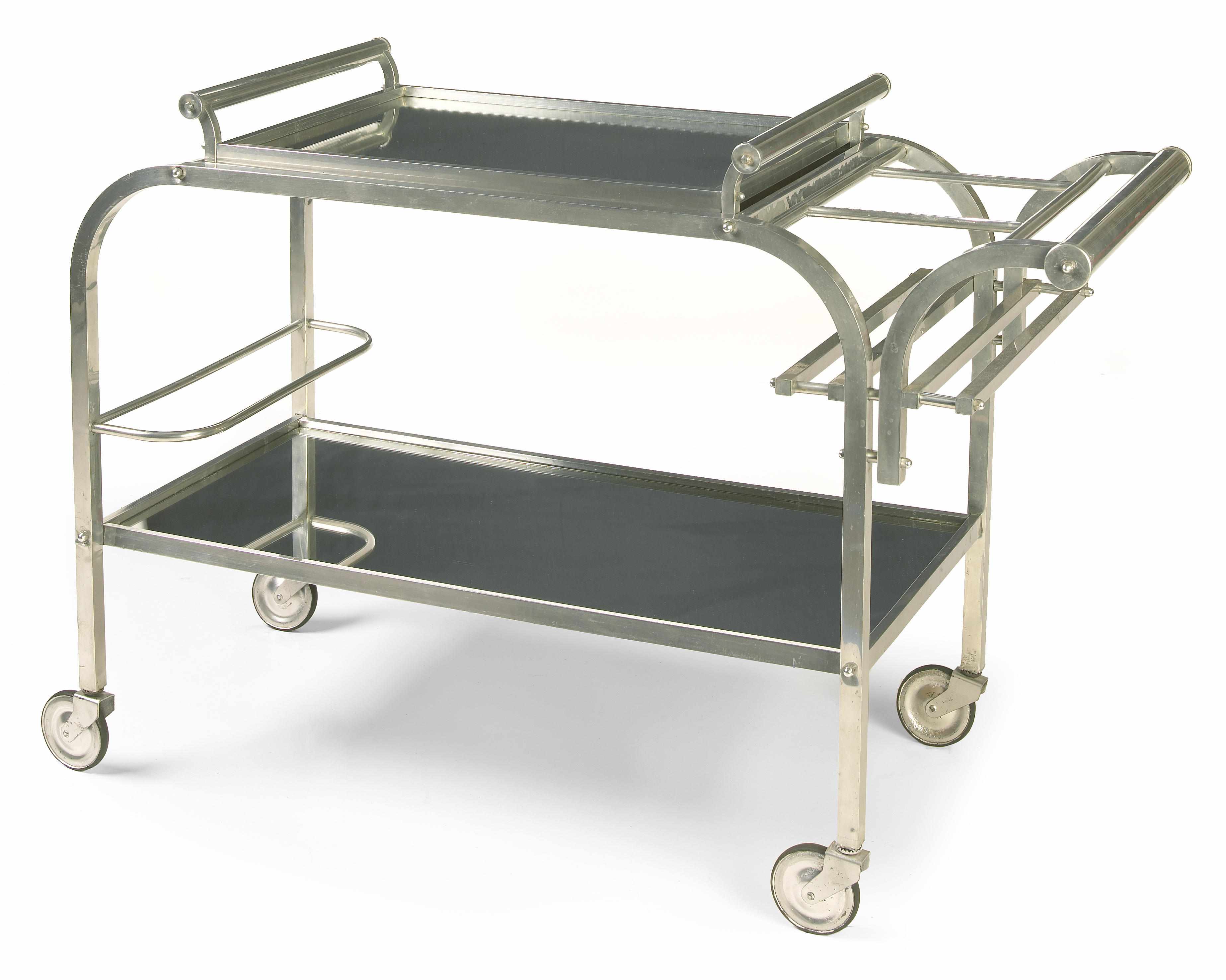 Appraisal: A French aluminum and mirrored glass bar cart swith removeable