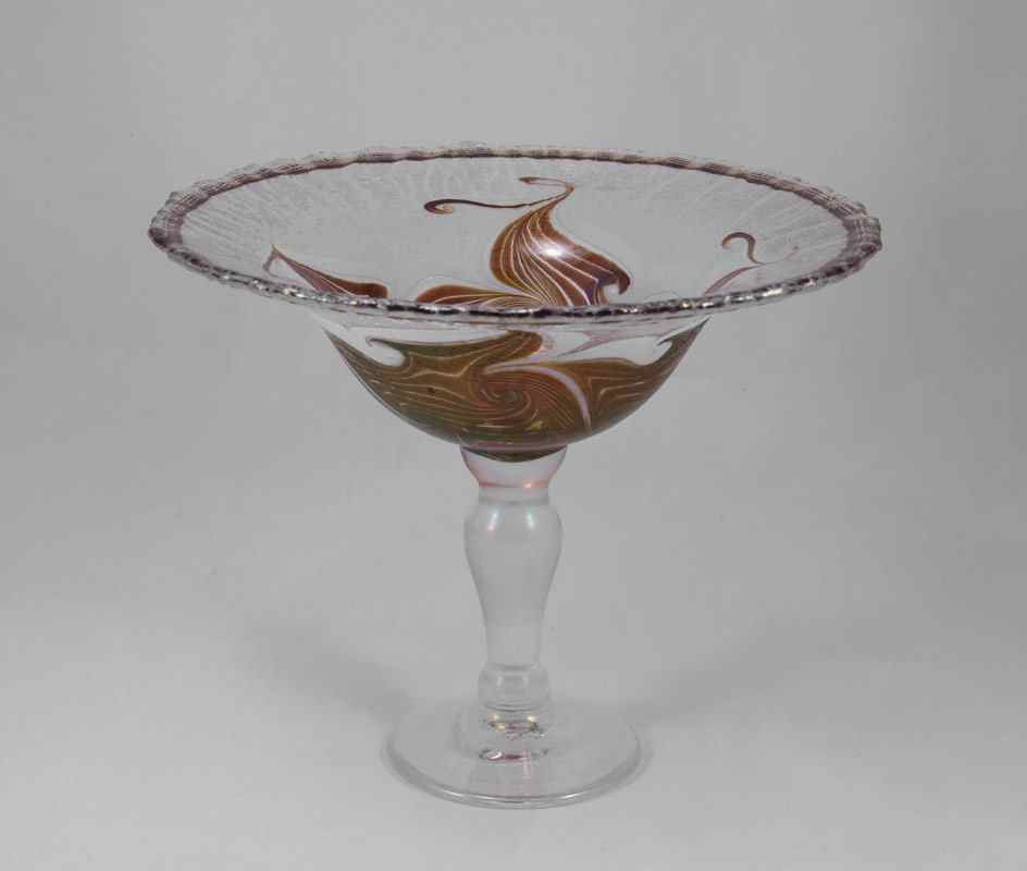 Appraisal: VANDERMARK ART GLASS COMPOTE Scalloped rim with etched glass caramel