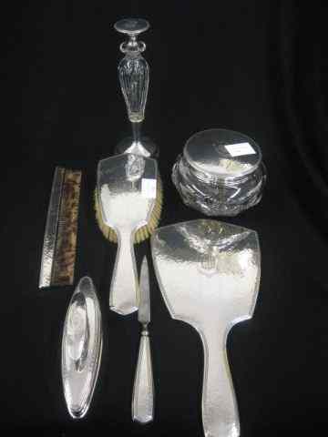 Appraisal: pc Sterling Silver Dresser Set hand-hammered deco decor includes powder