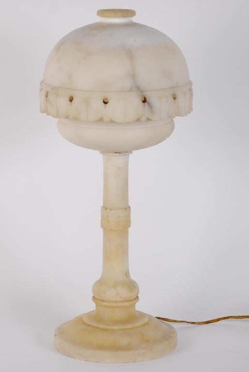 Appraisal: EARLY TWENTIETH CENTURY CARVED ALABASTER ELECTRIC TABLE LAMP AND SHADE