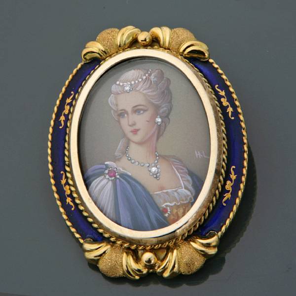 Appraisal: A painted miniature and k gold pendant-brooch Italy