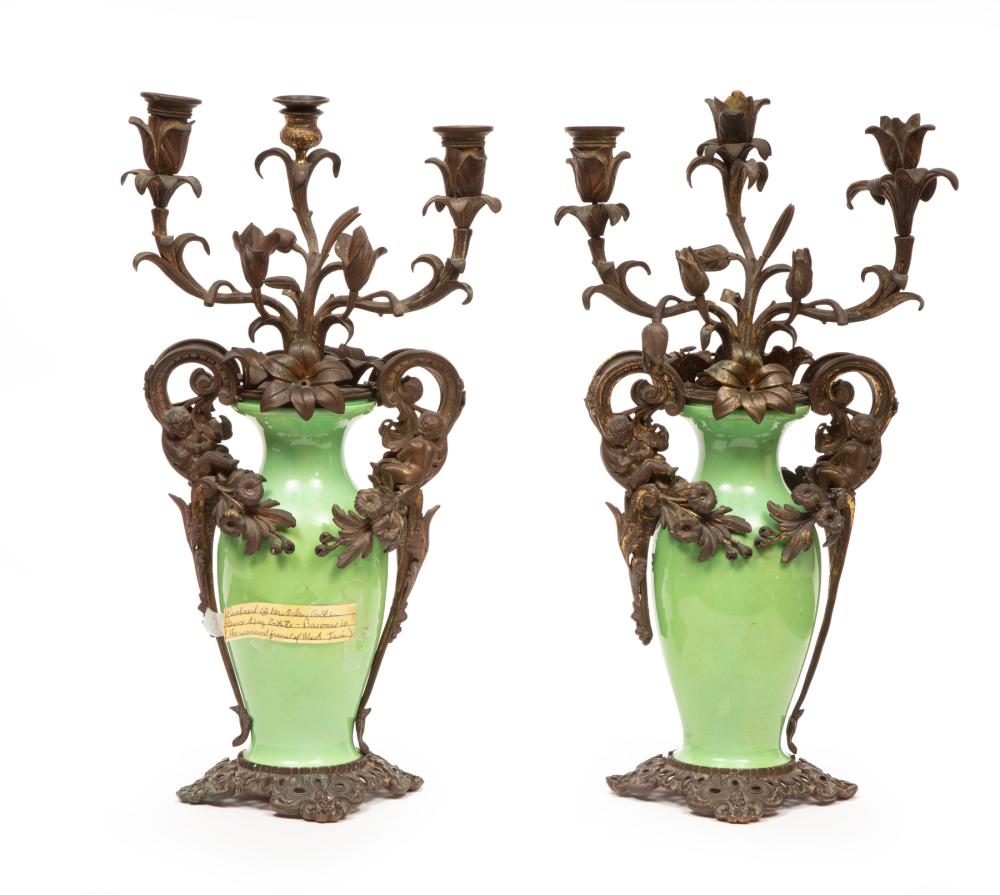 Appraisal: Pair of Antique Bronze-Mounted Green Porcelain Three-Light Candelabra th c