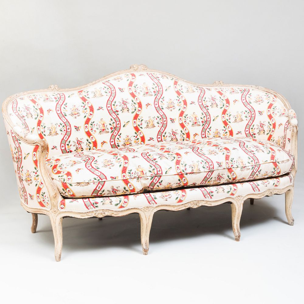 Appraisal: Louis XV Cream-Painted Canap en Corbeille Upholstered in a chinoiserie