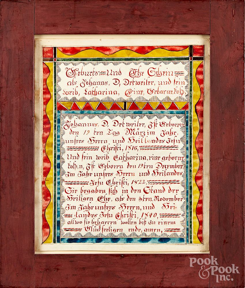 Appraisal: Pennsylvania ink and watercolor fraktur Bucks County Pennsylvania ink and