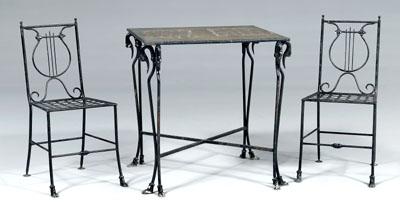 Appraisal: Empire style wrought iron patio set table with square iron