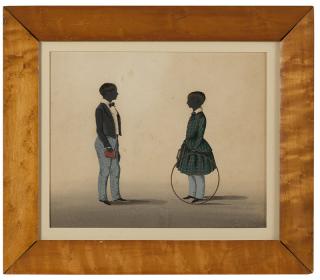 Appraisal: Early th century framed folk art silhouette Full length children