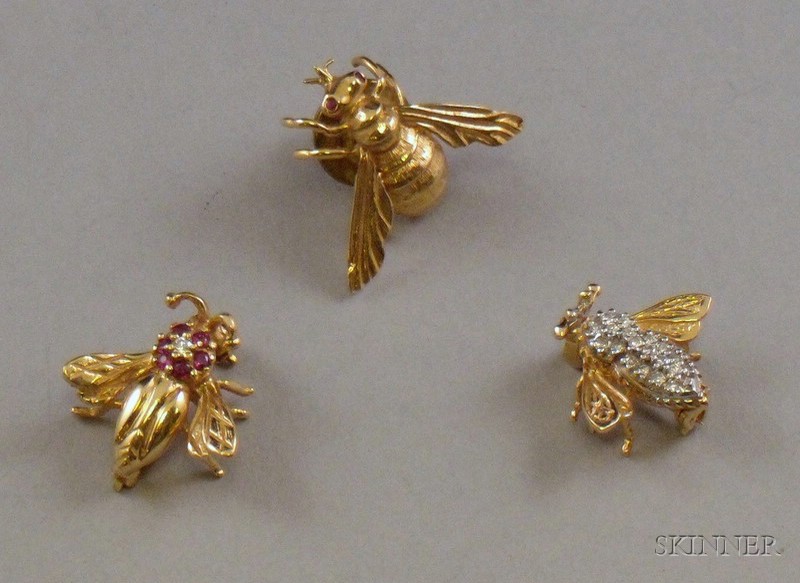 Appraisal: Three Gold and Gem-set Insect Pins