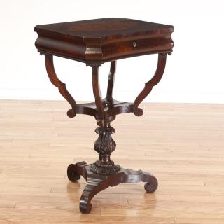 Appraisal: Continental marquetry inlaid work table Continental marquetry inlaid work table