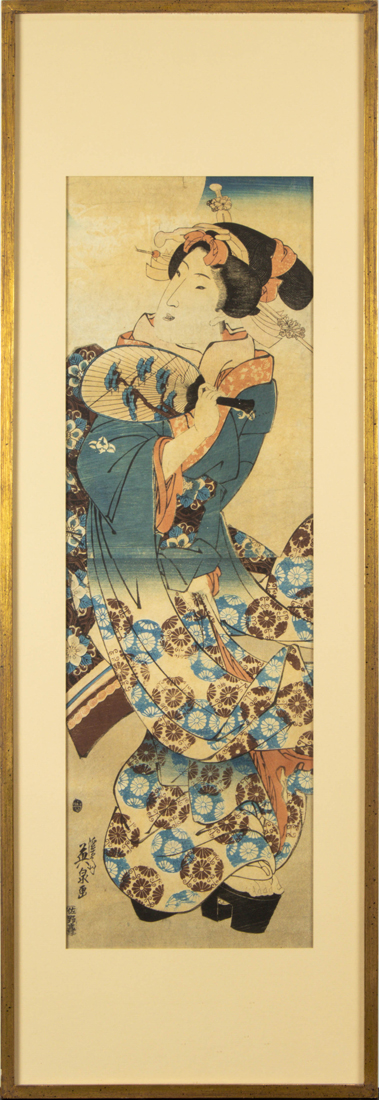 Appraisal: KEISAI EISEN - YOUNG WOMAN WITH FAN UNDER FULL MOON