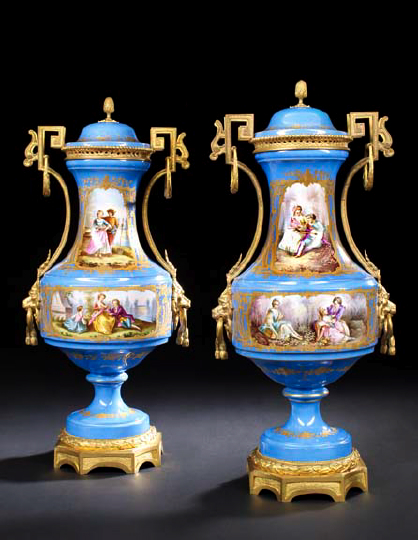 Appraisal: Large Pair of French Gilt-Brass-Mounted Bleu Celeste Porcelain Covered Garniture