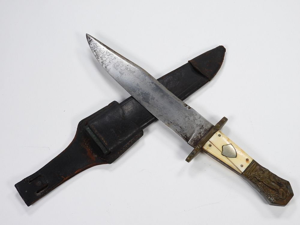 Appraisal: Unmarked Bowie Knife and Sheath C s- s Brass hilt