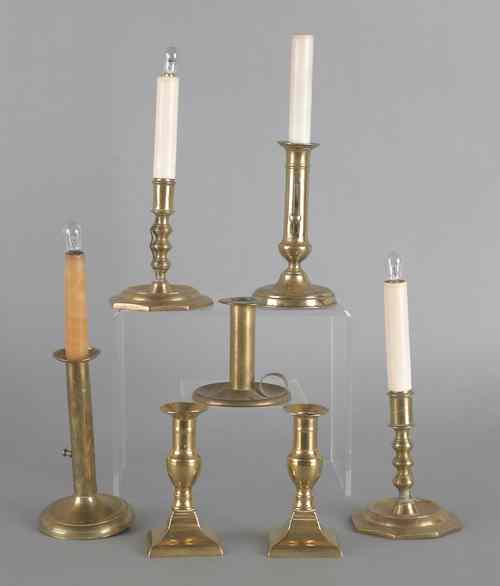 Appraisal: Seven brass candlesticks late th c several electrified tallest -