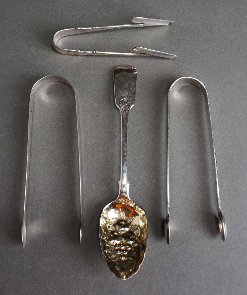 Appraisal: English Gilt Silver Berry Spoon and Three Pairs Silver Tongs