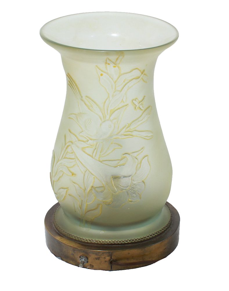 Appraisal: Frosted Art Glass Table Lamp w Bird Motif Table lamp