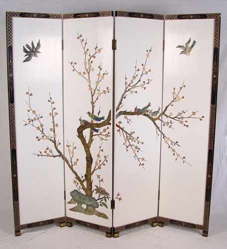 Appraisal: CHINESE PANEL SCREEN WITH CARVED STONE Birds on blossoming branches