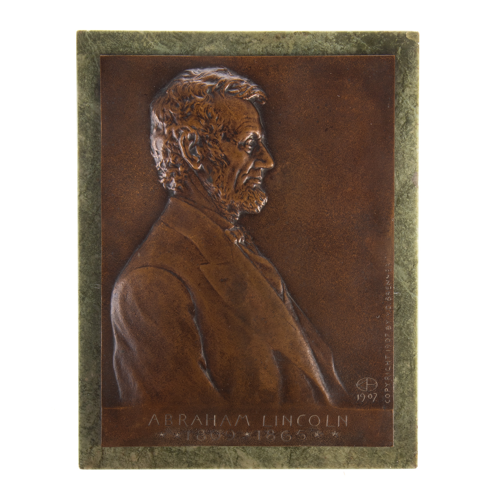 Appraisal: LINCOLN CENTENNIAL PLAQUE BRONZE ON MARBLE Brenner's classic Abraham Lincoln