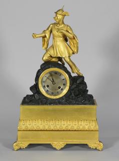 Appraisal: French Neoclassical patinated bronze figural mantle clock French Neoclassical patinated