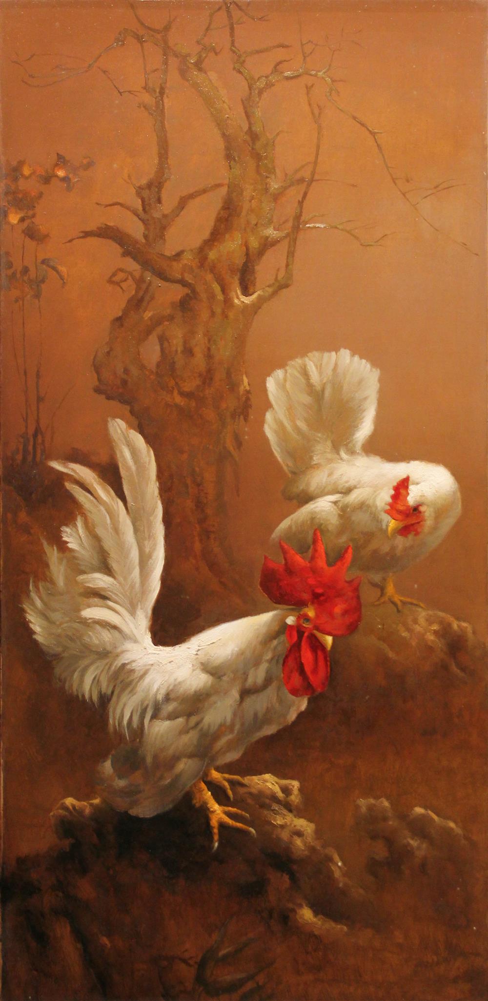 Appraisal: INDONESIAN SCHOOL TH CENTURY ROOSTER Oil on board x in