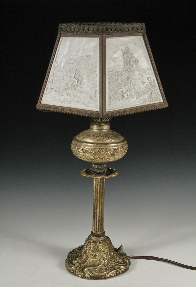 Appraisal: LITHOPHANE LAMP - th c Gilt Brass Column Oil Lamp