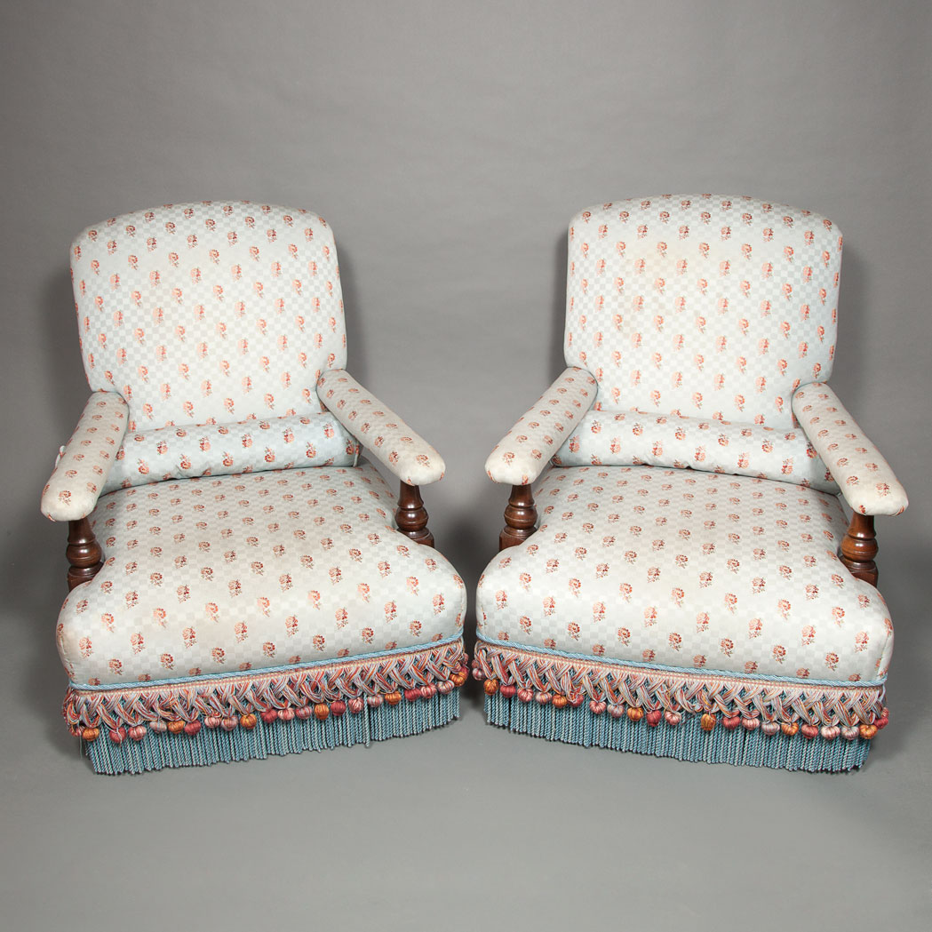 Appraisal: Pair of Victorian Style Mahogany Lounge Chairs th Century Each