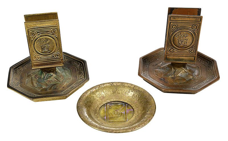 Appraisal: Two Tiffany Bronze Bookmark Match Stands Ashtray American early th