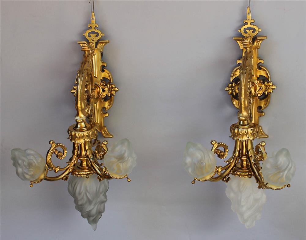 Appraisal: PAIR OF LOUIS XV STYLE ORMOLU THREE LIGHT WALL SCONCES