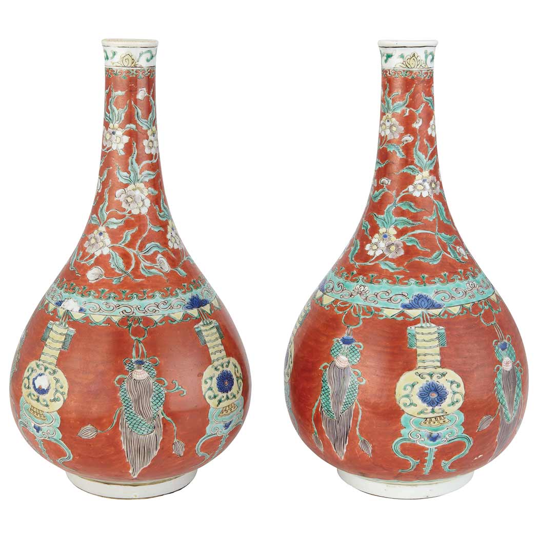 Appraisal: Pair of Chinese Famille Verte Glazed Porcelain Bottle Vases Kangxi