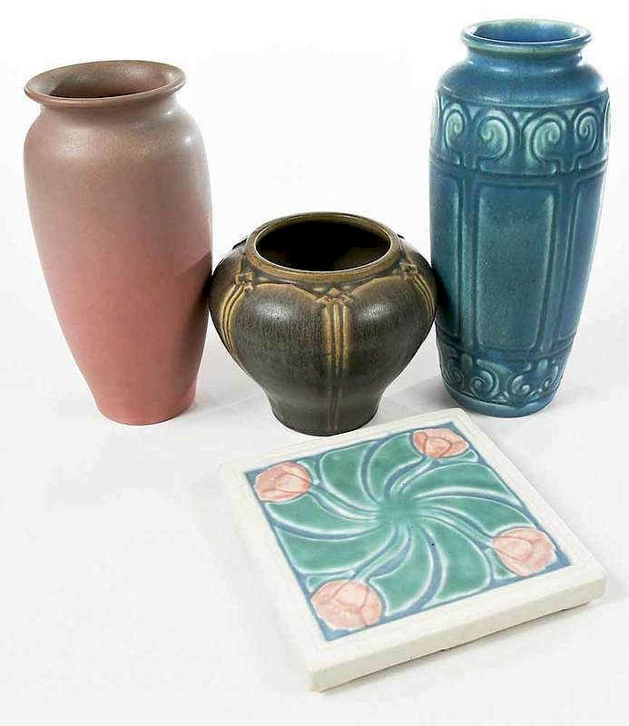 Appraisal: Three Rookwood Art Pottery Vases and One Trivet American th