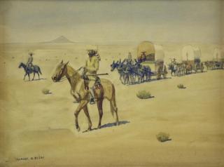 Appraisal: REEDY Leonard Watercolor Pioneer Wagon Train Signed lower left Leonard