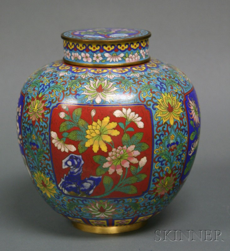 Appraisal: Cloisonne Covered Jar late th century reserves of seasonal flowers