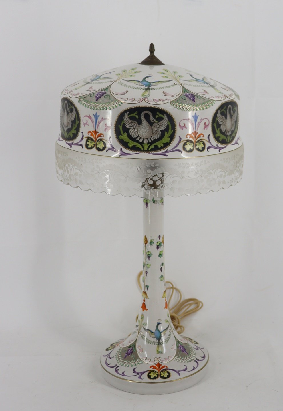 Appraisal: Impressive Vintage Enameled Etched Glass Table Lamp The best of