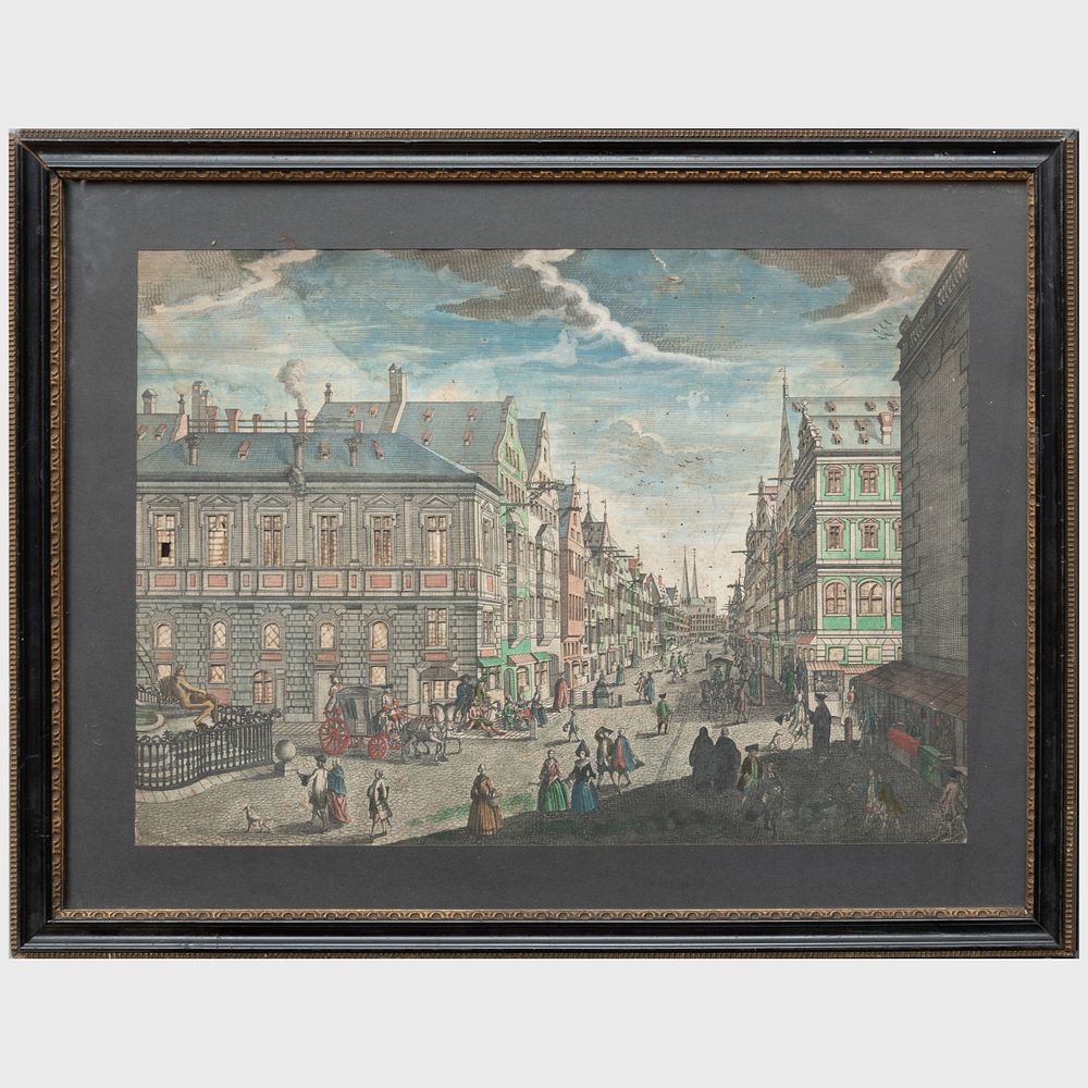 Appraisal: European Colored Engraving Shadow Box of a City Scene Electrified