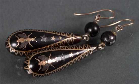 Appraisal: Pair of gold pique and tortoiseshell pendant-drop earrings th century