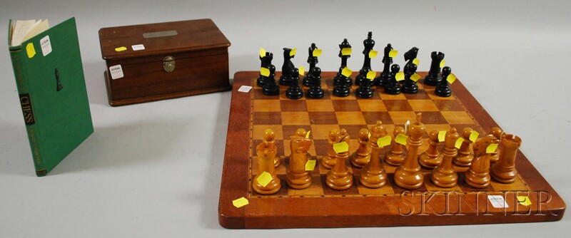 Appraisal: Carved Wood Chess Set with Parquetry and Inlaid Mahogany Game