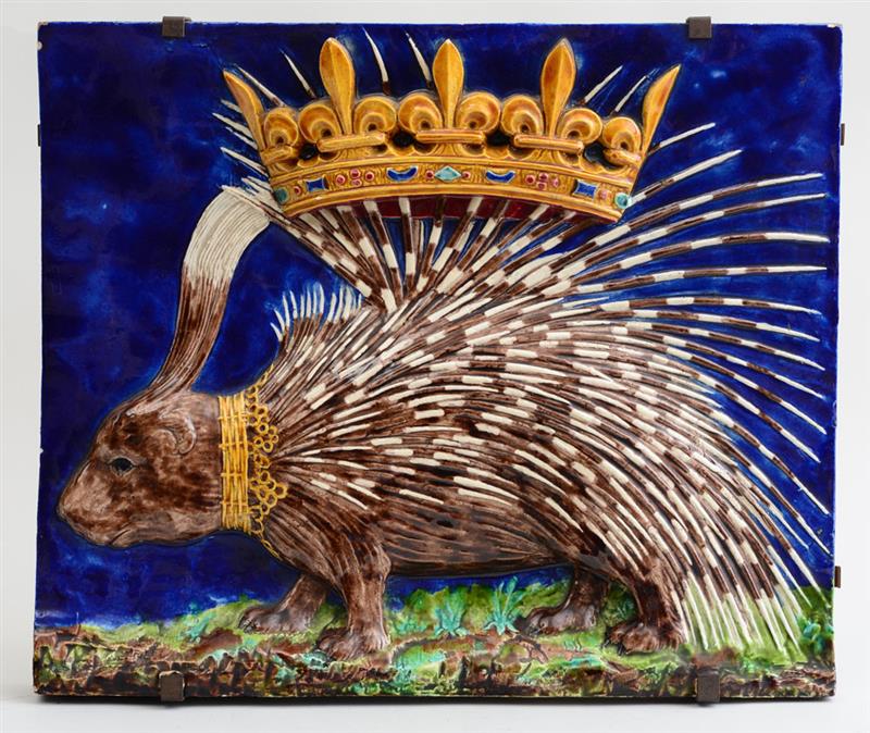 Appraisal: CONTINENTAL RELIEF-MODELED MAJOLICA PLAQUE Depicting a porcupine with raised quills