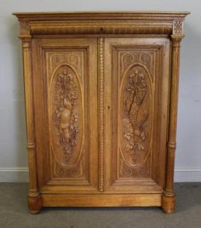 Appraisal: Highly Carved Golden Oak Cabinet with Carved Deer and Fowl