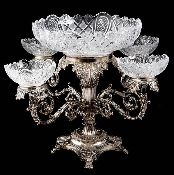 Appraisal: A Sheffield plate four arm epergne frame with period style