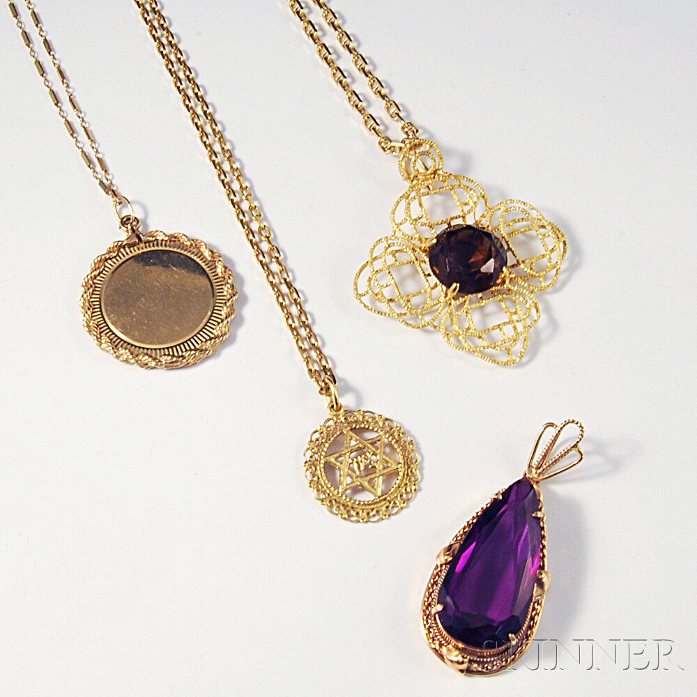 Appraisal: Four Gold Pendants and Three Chains two kt gold pendants