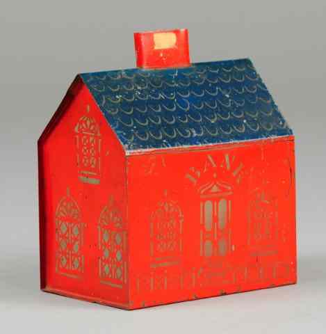 Appraisal: EARLY TIN HOUSE STILL BANK One story hand painted tin