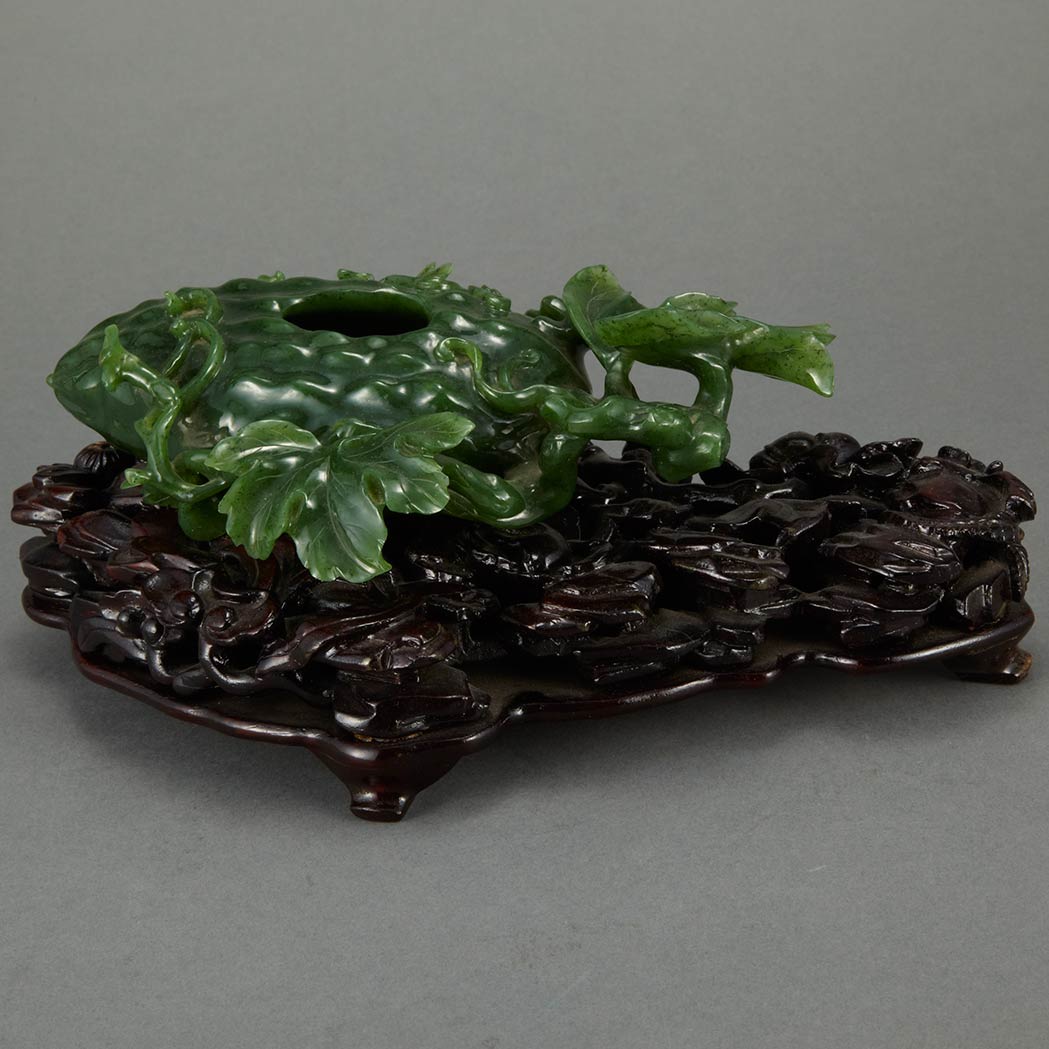 Appraisal: Chinese Spinach Jade Gourd-Form Ink Pot Carved in high relief