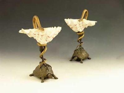 Appraisal: A pair of th century French bronze and shell salts