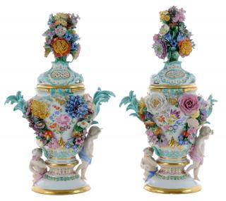 Appraisal: Pair Meissen Porcelain Flowered Urns with Covers German th century