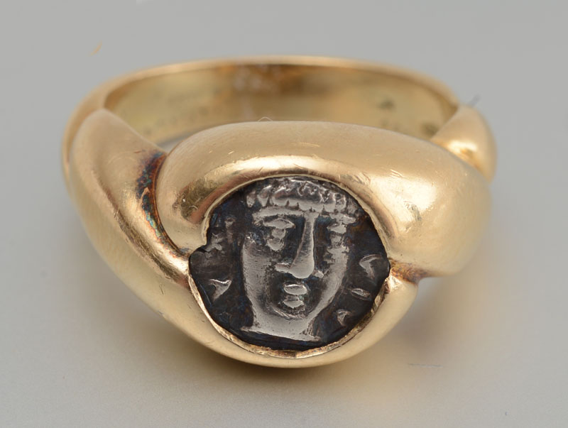 Appraisal: K YELLOW GOLD AND ANCIENT SILVER COIN RING Signed 'G